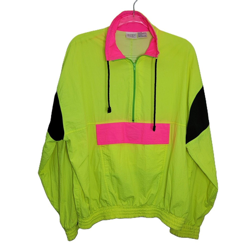 VTG 90s Shore Club‎ Mens M Neon Yellow Pink Colorblock Anorak Windbreaker Jacket